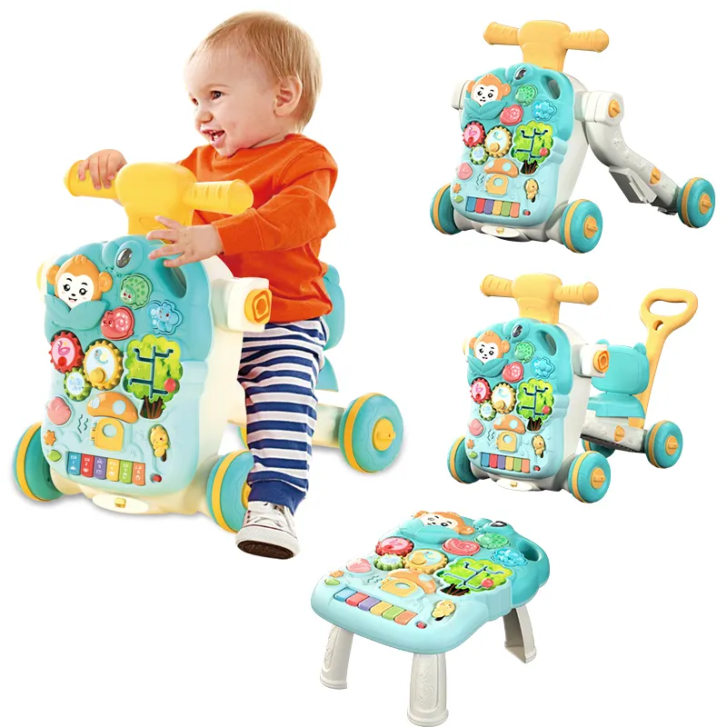 Sıcak satış 4 In 1 bebek oyun masası çok fonksiyonlu itme araba yürümeye başlayan aktivite oyuncak bebek yürüteci için tekerlekler ve koltuk ile bebek