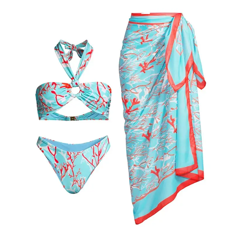 2024 conjunto de Bikini Bandeau Halter con estampado Floral azul claro para mujer traje de baño fruncido traje de baño de dos piezas