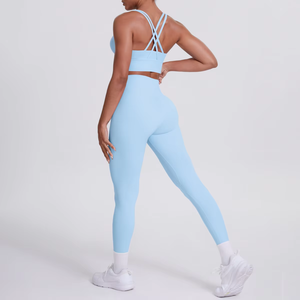 ชุดโยคะสายรัดไหล่แบบไขว้หลังกางเกงกีฬาสีพื้นระบายอากาศกางเกงขาสั้นออกกำลังกายวิ่งเซ็กซี่มีโลโก้ด้านหน้า - Product Image 4