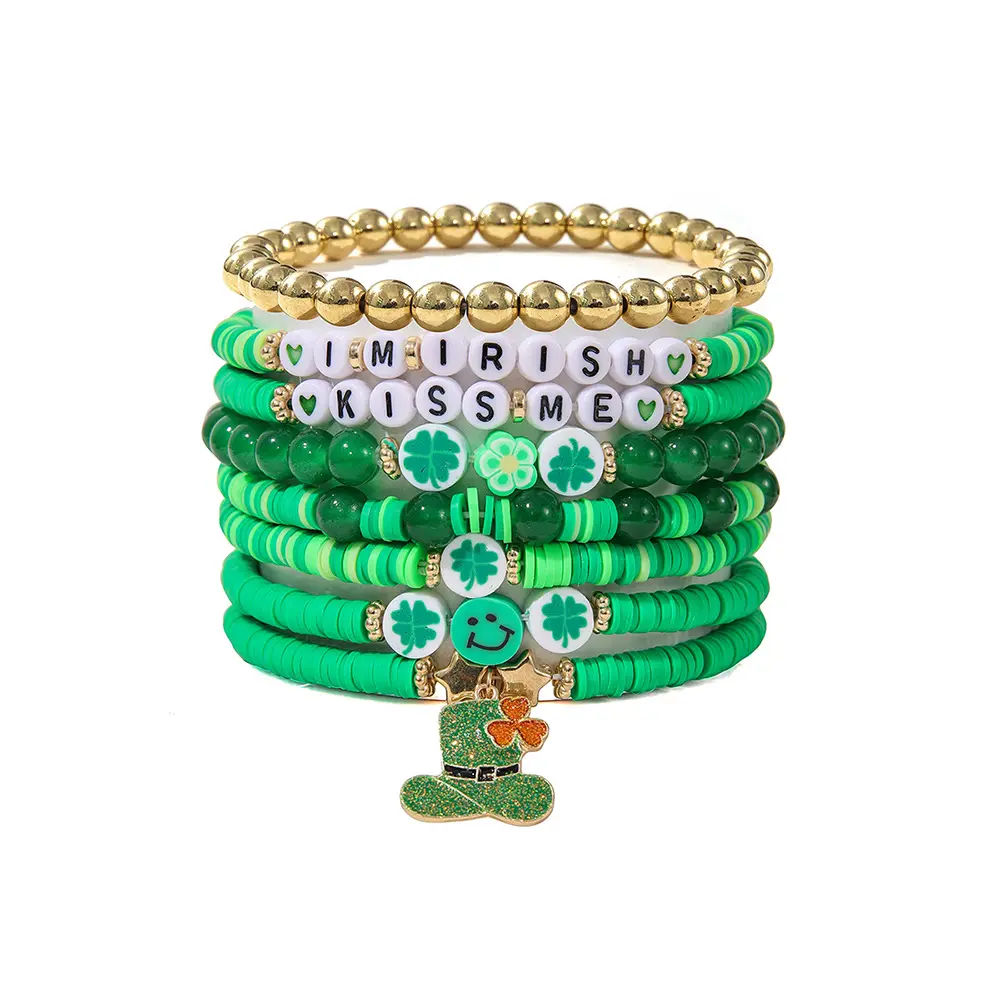 Pafu Lot de 8pcs Bracelet Saint-Patrick Trèfle à quatre feuilles Chapeau vert Pendentif Bracelets Articles porte-bonheur irlandais