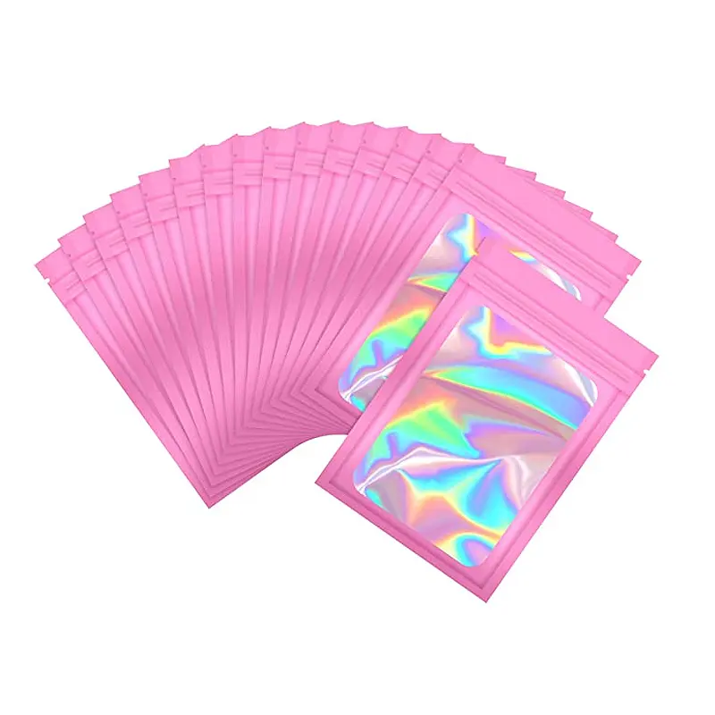 Bolsas de Mylar resellables a prueba de olores, bolsas de embalaje holográficas con cierre de cremallera, joyería para pestañas, color rosa