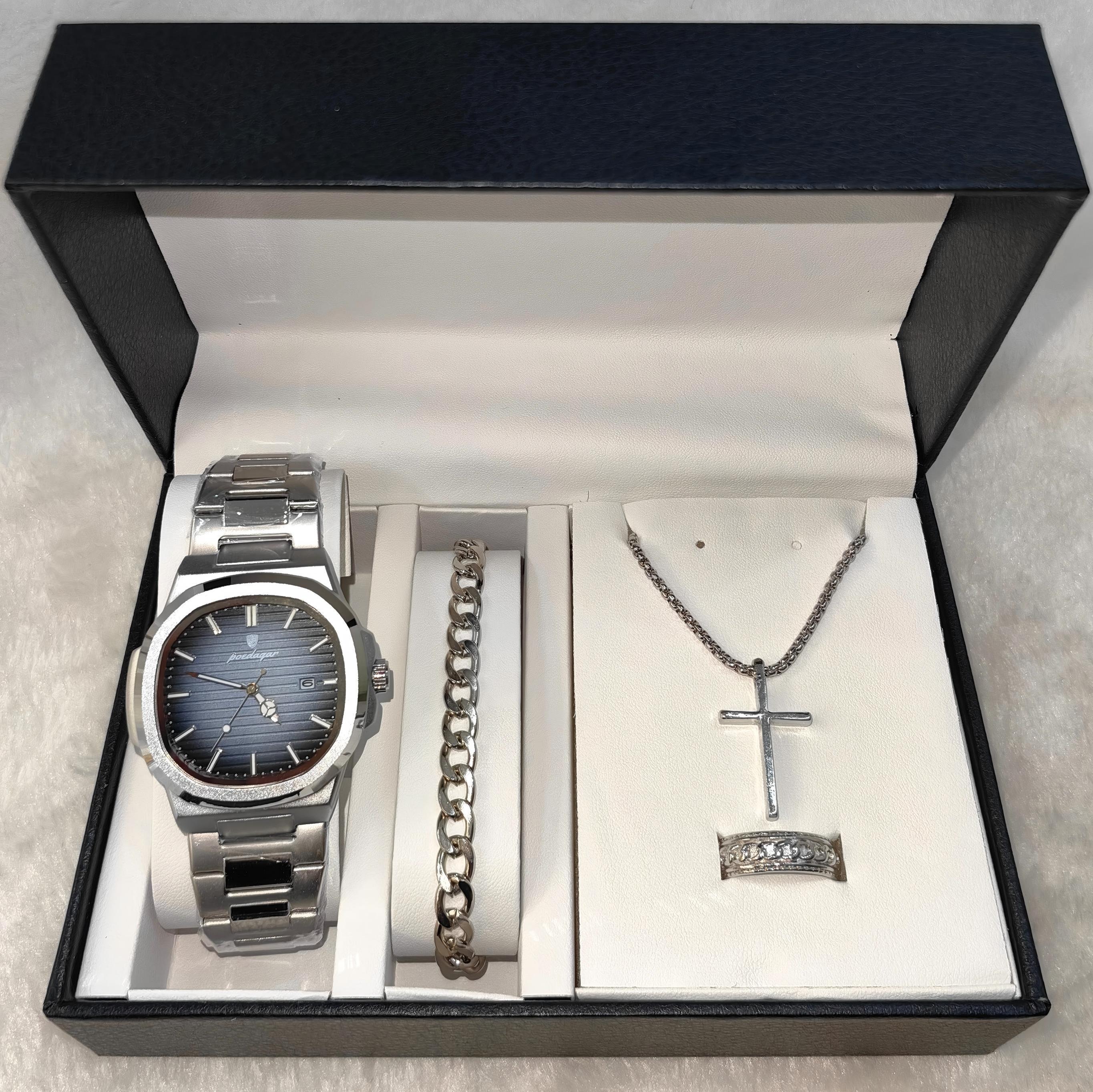 Orologio blu argento + accessori argento + scatola