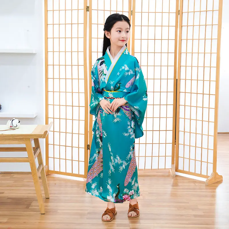 -Una nueva generación de kimono para niños, albornoz de estilo japonés, vestido de princesa para niña, temperamento de pavo real, lazo bonito