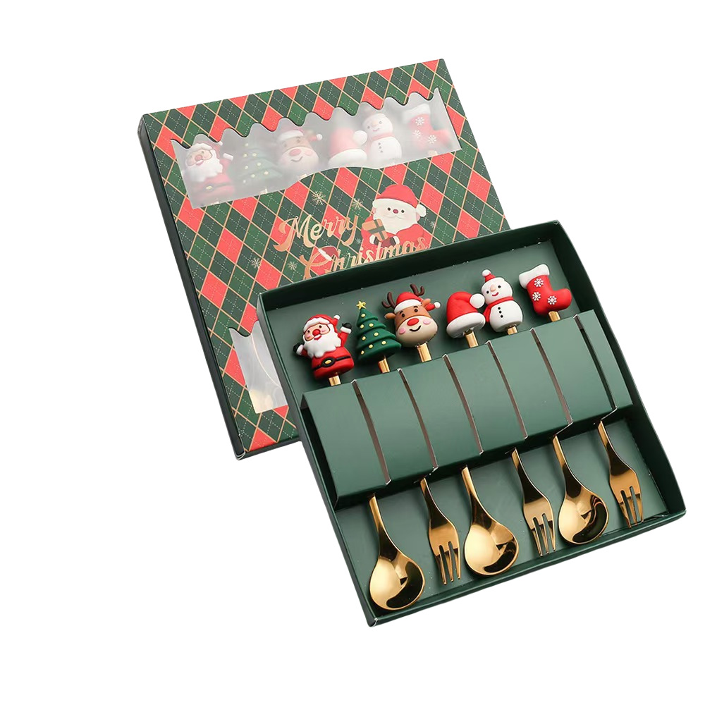Ensemble de couverts dorés 6 pièces (cuillère, fourchette) - Boîte verte