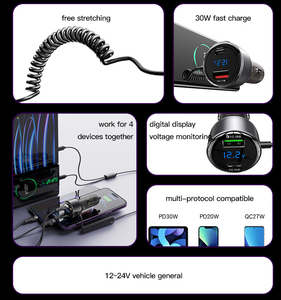 Y58 Yesido 60W Zinc Alloy Car <strong>Charger</strong> with 30W 1.2m Dual Port Fast Charging Spring Data Cable - Product Image 3