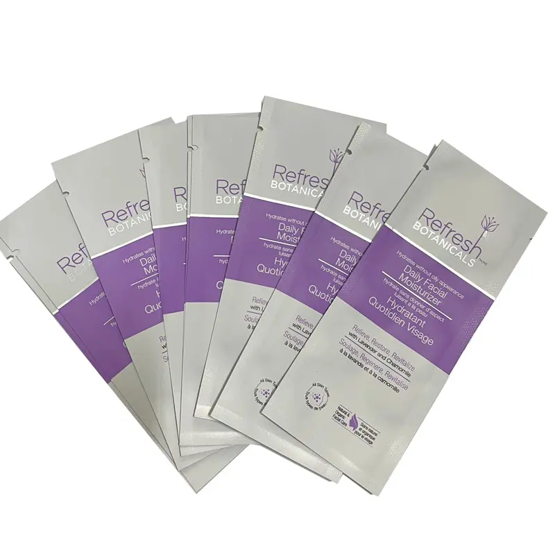 Paquete de muestra de sellado lateral de papel de aluminio personalizado, bolsita pequeña blanca púrpura para bolsa de plástico cosmético