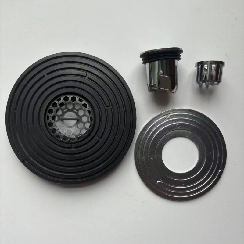Siphon de sol noir 138 mm + Argent 100 mm + Anneau en caoutchouc noir + Grille