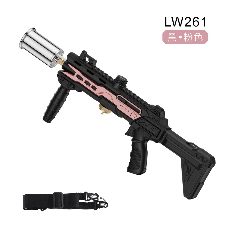 Silver spray gun with black and pink straps
