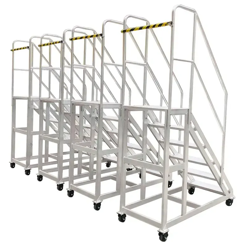 Warehouse Steel Safety Rolling Mobile Platform Ladder With Handrails 4 wheels