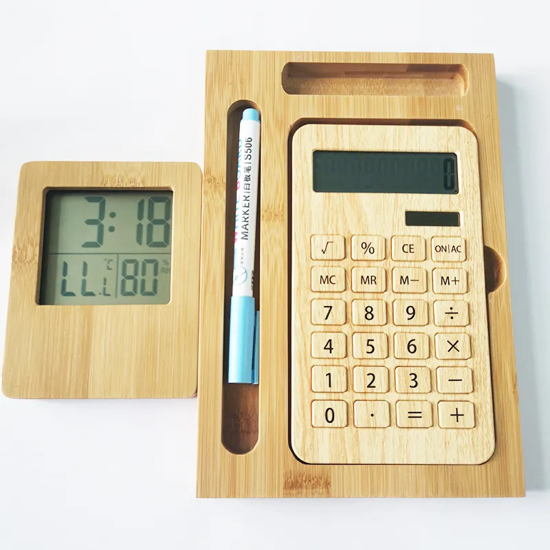 Moderne Groothandel Kids Desk & Table Smart Elektronische Klok Digitale Hout Wetenschappelijke Rekenmachine Pen Slot Set Bamboe Leveranciers