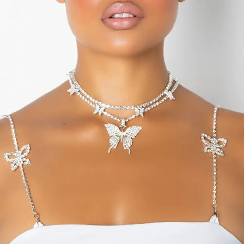 Sujetador de mariposa con diamantes de imitación para mujer, vestido de hombro con tirantes, joyería Sexy para el cuerpo, cadena de sujetador de cristal