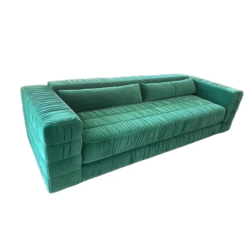 Muebles de tapicería de terciopelo turquesa, sofá de gran tamaño plisado de cuatro plazas para sala de estar, estilo de diseñador, nuevo