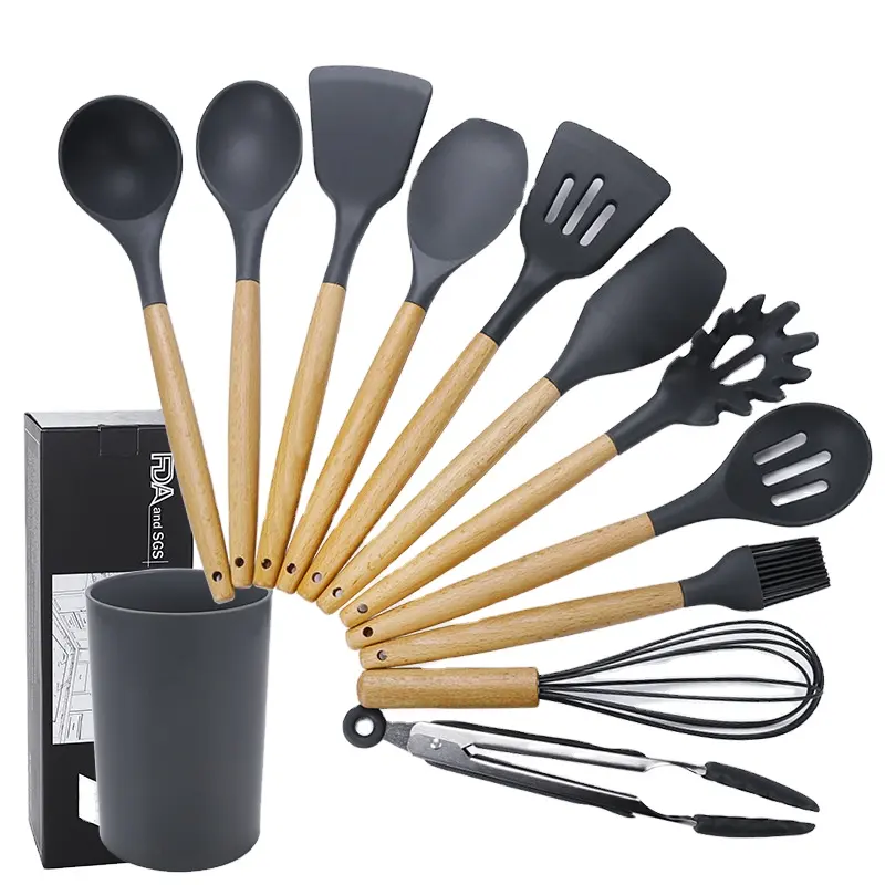 Ustensiles de cuisine en silicone multifonctionnels 11pcs avec boîte Poignée en bois Ustensiles de cuisine en bois Sets d'ustensiles de cuisine en bois