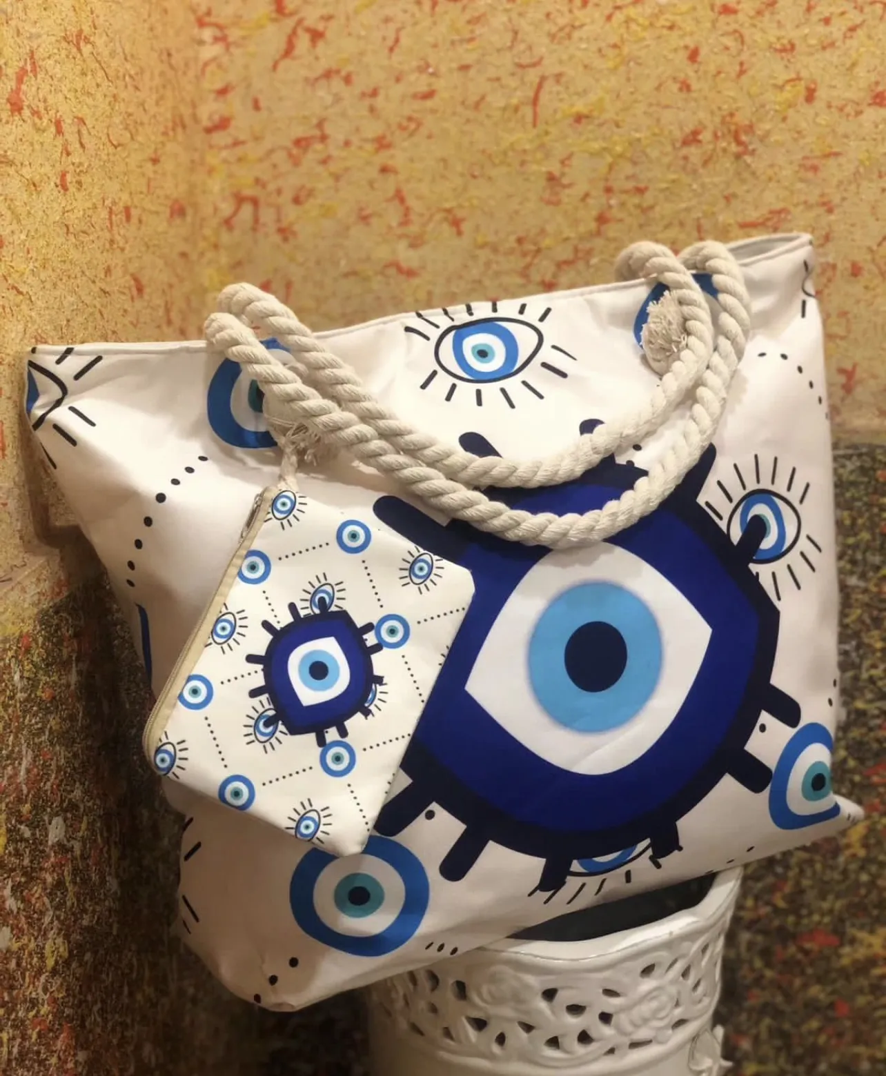 Saco de praia estilo étnico de grande capacidade com gráfico Evil Eye - Perfeito para festivais de Halloween e férias