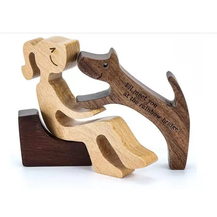 Wholesale Creative Wood Pet Carvings Family Puppy Wood Dog Craft Figurine Desktop Table Ornament Wood Decor Gift