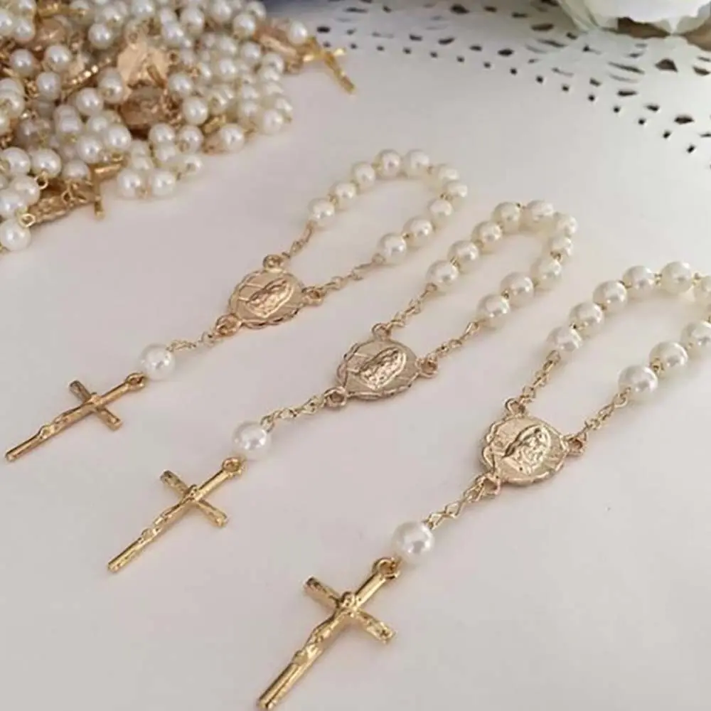 Pulseira de vidro de jesus, pulseira banhada a ouro do batismo do bebê, rosário católico, pulseira infantil, mini-corrente frisada, bracelete de pérola de vidro cristão