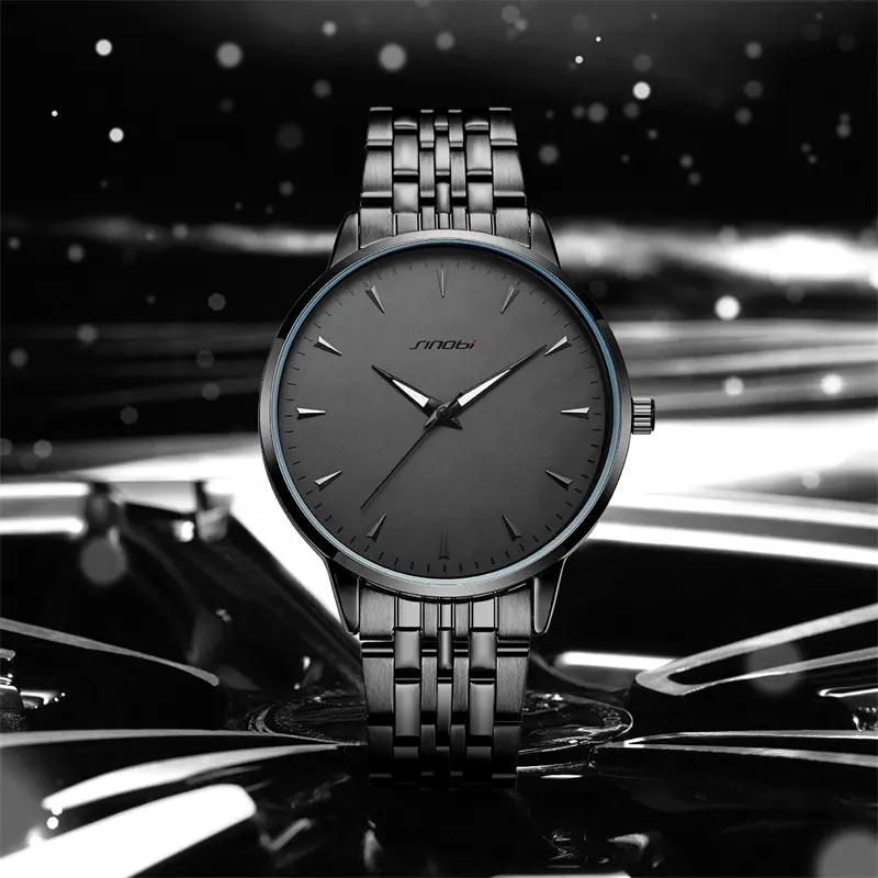 Montre minimaliste pour homme, tout noir, Ultra mince, S9823G, Simple Business, acier inoxydable, ceinture, montre à Quartz