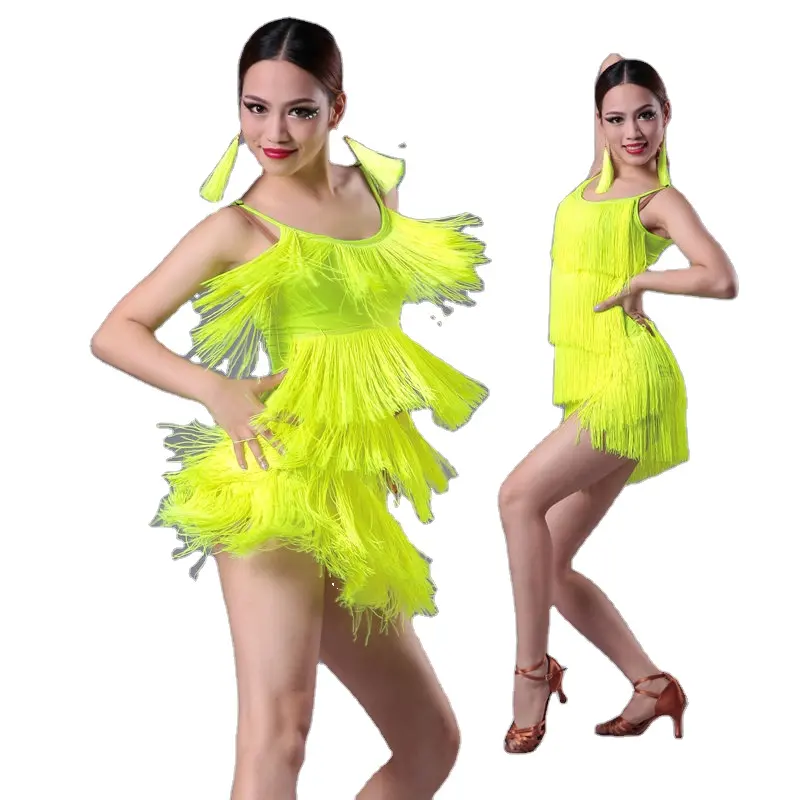 Gaun dansa Latin ruang dansa Modern anak-anak perempuan gaun dansa Tango Salsa pinggiran rumbai pakaian dansa Latin performa wanita