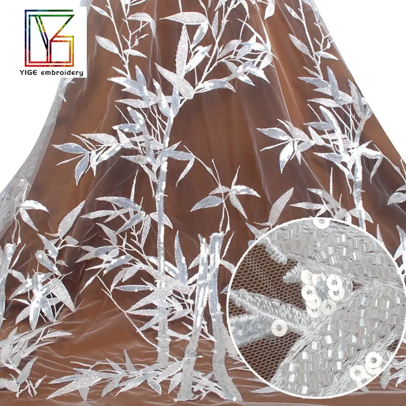 تصميم جديد 100% من البوليستر بنمط زهور مصنوع من قماش التول المطرز بالخرز مع اقمشة شبكية من الترتر لفساتين الزفاف
