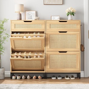 Wholesale Compartments Modern 3 Layers Flip Wooden Rattan Shoe Cabinet Rack Organizer Space Saving for <strong>Entry</strong> - Product Image 6