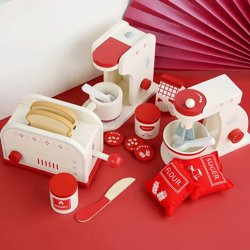 Çocuk rolü oyun ahşap mutfak oyuncak Pretend Mini pişirme oyuncak ekmek makinesi kahve makinesi Blender çocuklar için eğitici oyuncaklar bebek
