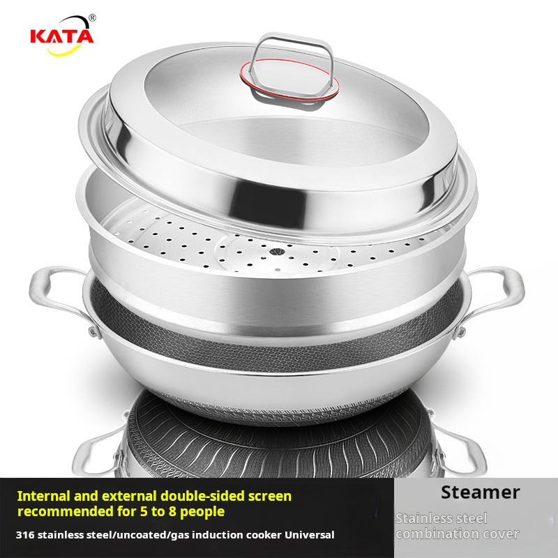 Wok en acier inoxydable à double oreille + couvercle combiné + panier vapeur