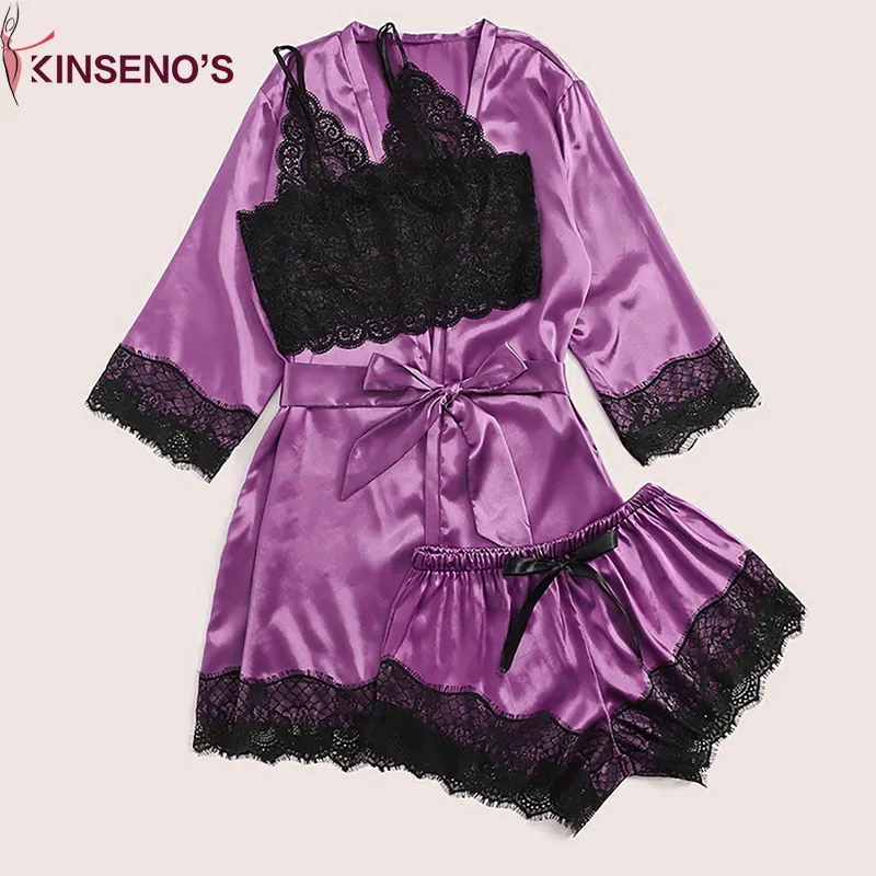 Bata de baño de encaje para niñas, vestidos informales de lujo para mujer, de 3 piezas ropa de dormir, venta al por mayor