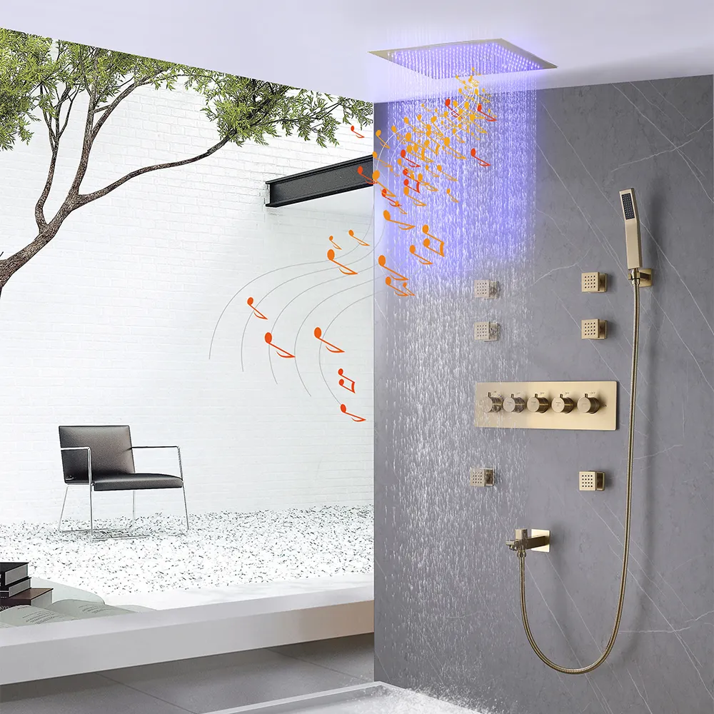 Set di rubinetti per doccia termostatici a 4 funzioni a LED di grandi dimensioni di lusso Set di sistemi di doccia per bagno musicale in oro spazzolato con soffione doccia da 16 pollici