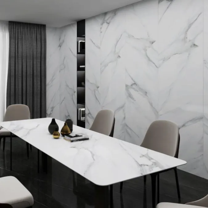 Personalizado sala de jantar Branco de Carrara telha da parede do assoalho design Branco de Carrara Laje de mesas de jantar de Porcelana top tops balcão da cozinha
