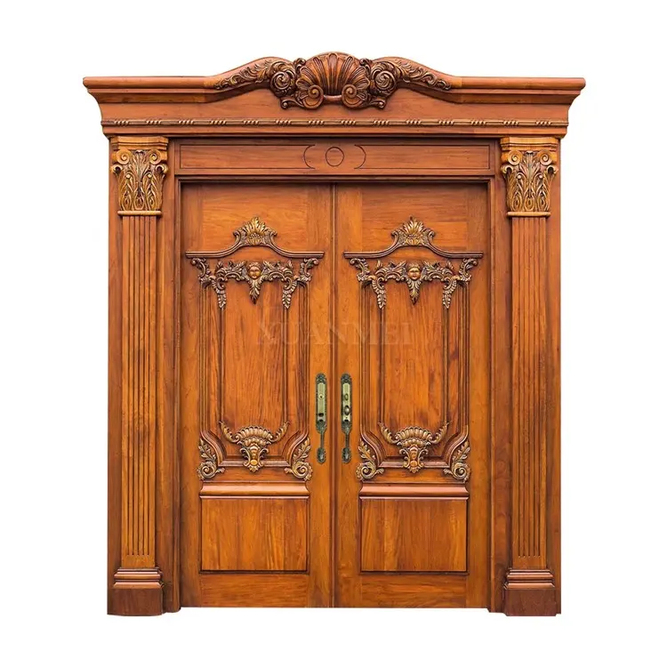 Puerta de entrada principal de madera, diseño de puerta de madera de lujo, doble frontal, diseño gráfico de columpio sólido, modelo 3d, diseño Exterior, 2 años