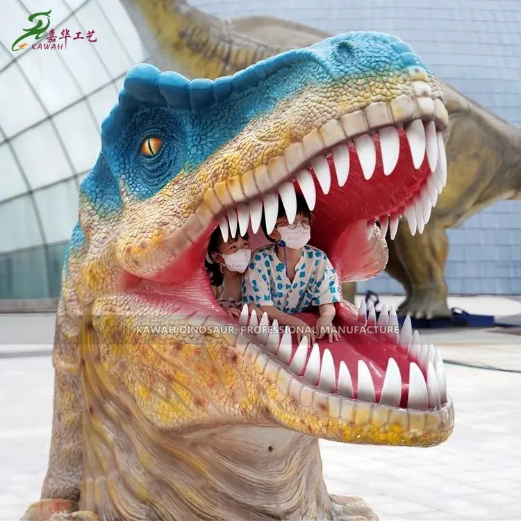 Decorazione del parco dei dinosauri di divertimento su misura per scattare foto con testa di dinosauro in fibra di vetro