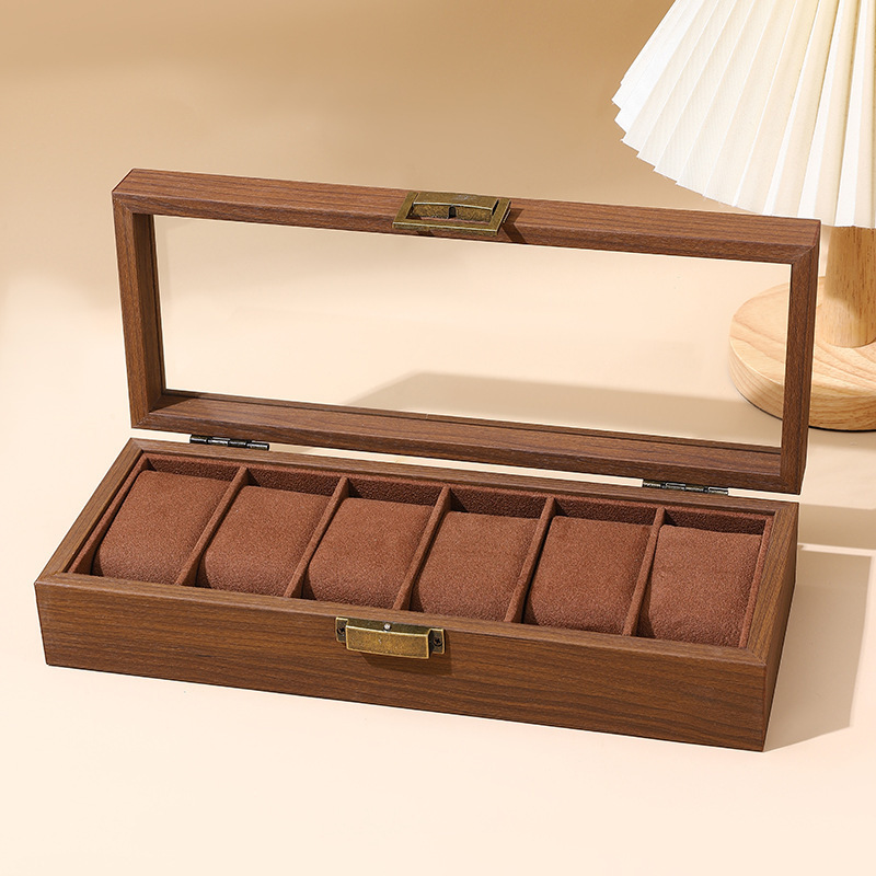 Caja para 6 relojes con diseño de nogal, almohadillas con clip.