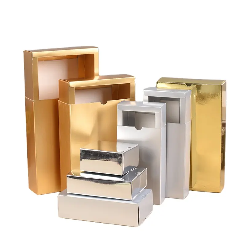 Boîte d'emballage en papier doré revêtu, vente en gros, petit tiroir coulissant Portable en argent, boîtes d'emballage de stockage de cosmétiques cadeaux