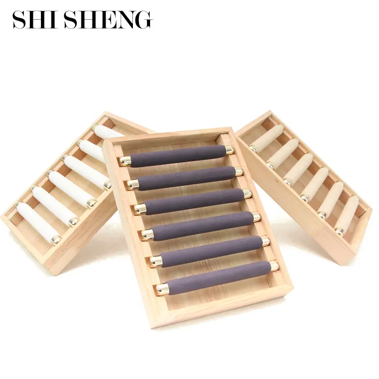 SHI SHENG Removable Wooden Velvet Beige White Gray Ring Display Tray for Jewelry Counter Display