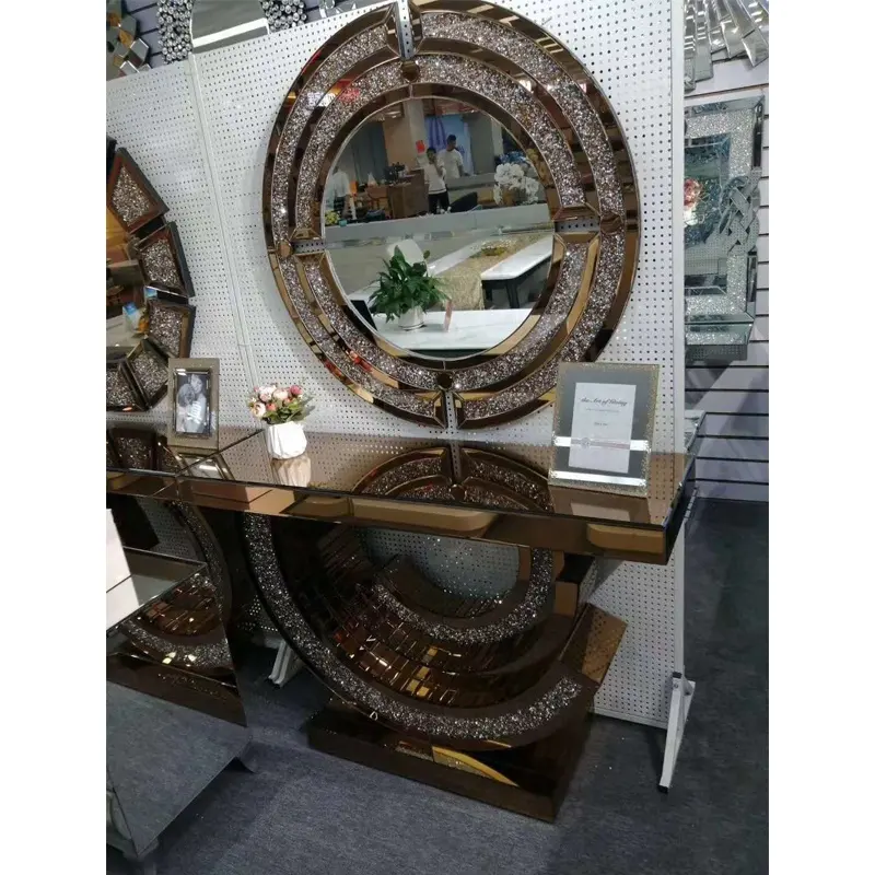 Venta caliente estilo europeo de vidrio y marrón MDF mesa de consola con espejo de muebles para el hogar