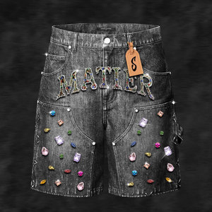 حجر مغسول بالأحجار الكريمة الكريستالية السوداء بلينغ تصميم خاص طول الركبة البضائع فضفاض مضيئة ، Jorts خمر - Product Image 1