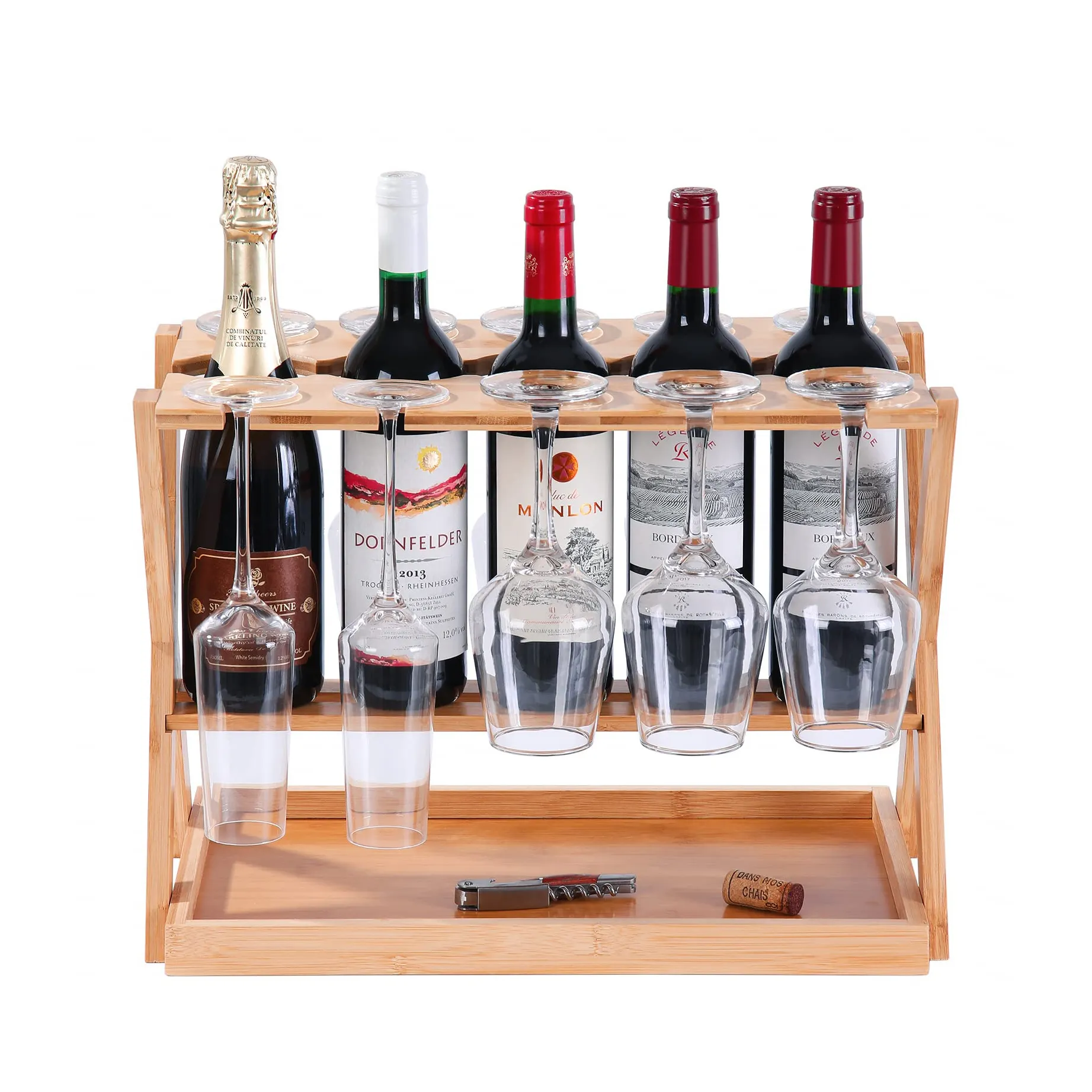 ガラスホルダー付きカウンタートップワインラック、コルクトレイ付き自立型卓上小型ワインラック、5本のワインボトルを収納10本のグラス
