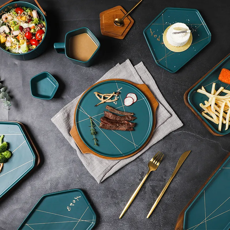Nordic Green Color With Many Styles Luxury Porcelain Tableware, Ceramic Plates Sets Dinnerware
