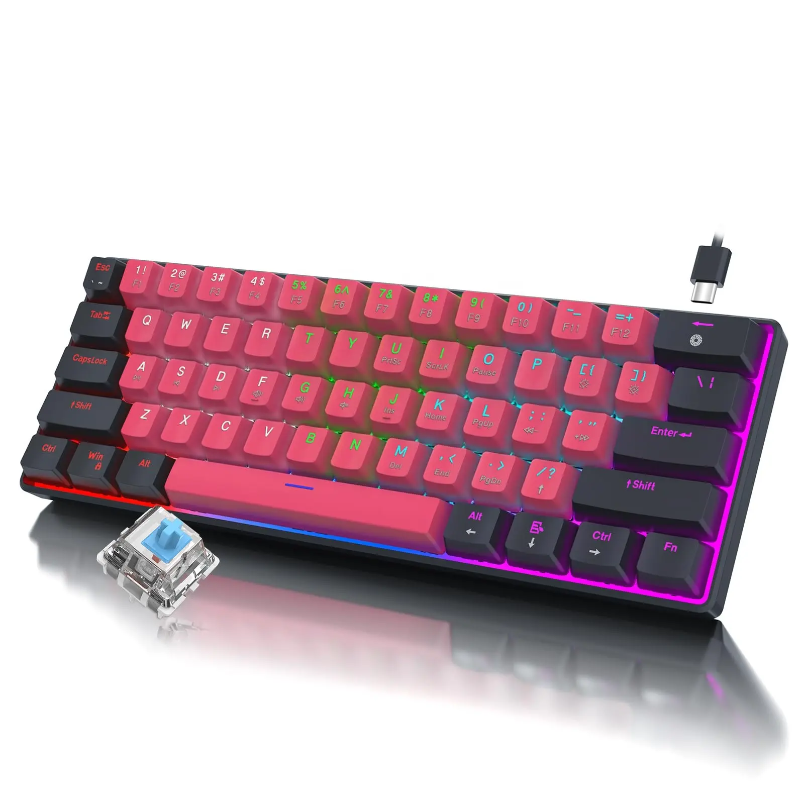 Teclado mecánico con cable de diseño compacto 60% clásico, varias luces deslumbrantes, 61 teclas, interruptor azul, teclado para juegos de ordenador de