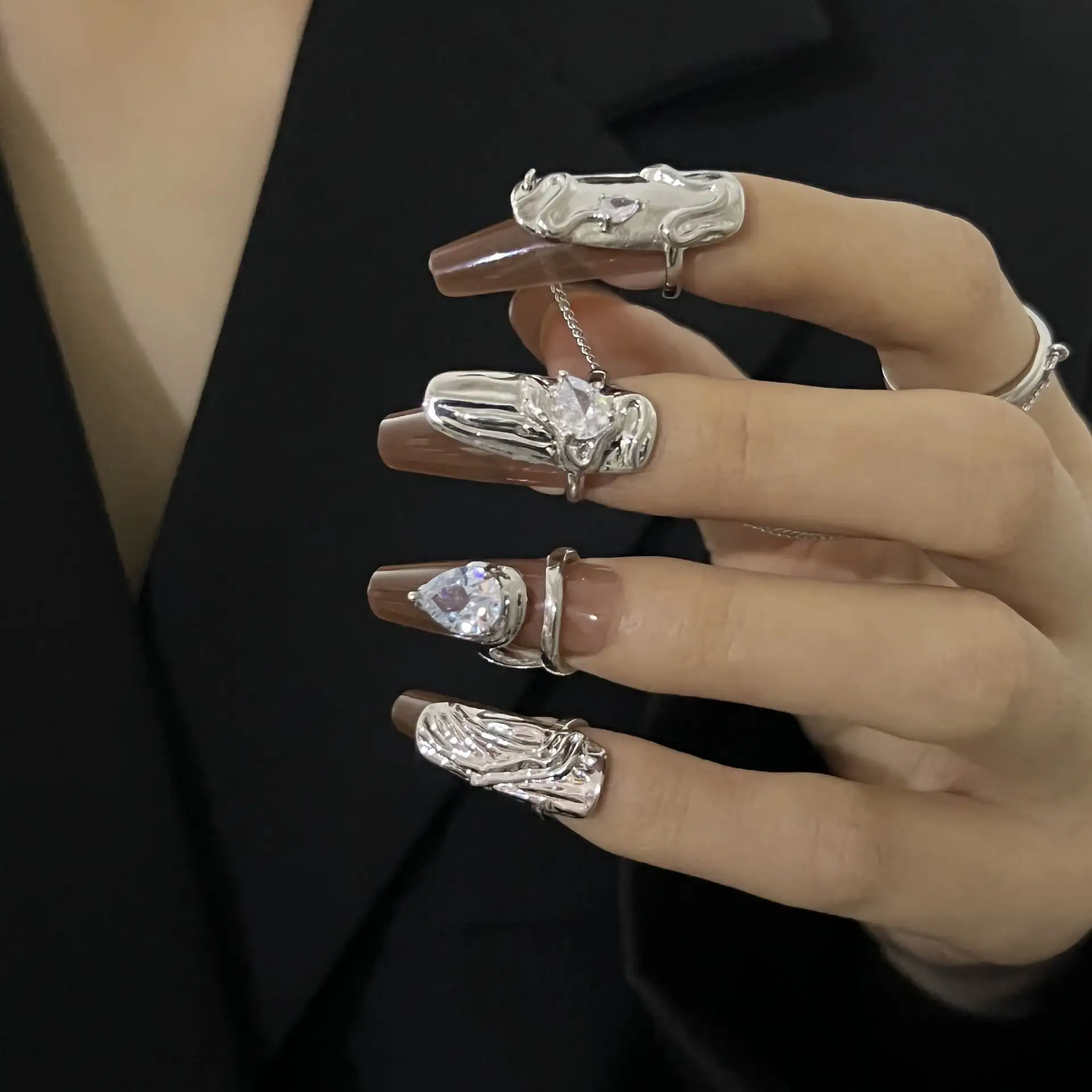 Ensemble de bagues à ongles personnalisées, gros anneaux à la mode, bijoux de doigt en cristal réglables pour femme Antique