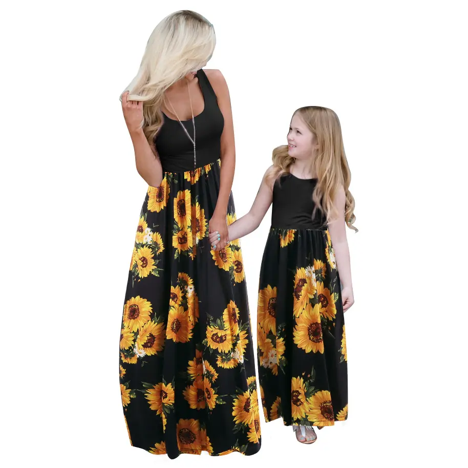 Nova chegada Mãe E Filha Roupas Verão floral colete vestido com crianças bolso tie-dye saia longa Família Outfits