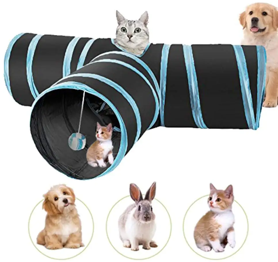 Cat Tunnel Toy Collapsible Tube Three Connected Run Road Way Catnip House with Fun Ball for Cats, Puppy, Pet Interactive Toys