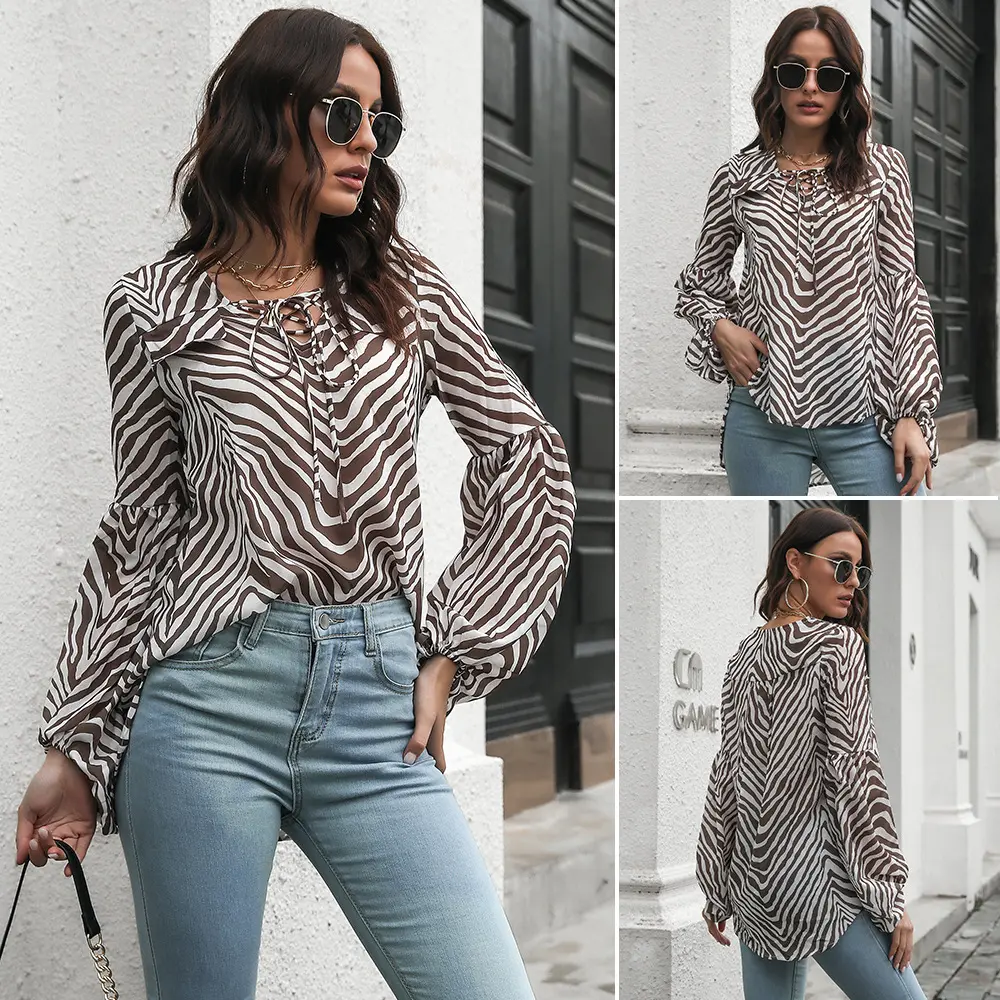 2022 New Hot Sale Autumn Lantern Sleeve V-Neck Striped Long Loose Ladies Chiffon Shirt