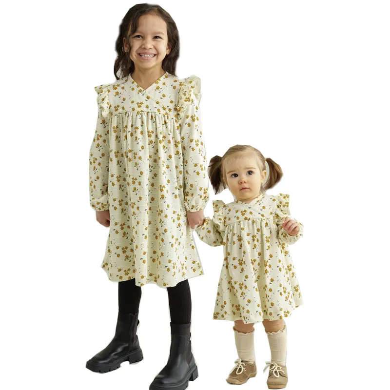 2023 girl clothing spring toddler dress sister matching clothes floral print ruffle long sleeves girls dress kids clothing