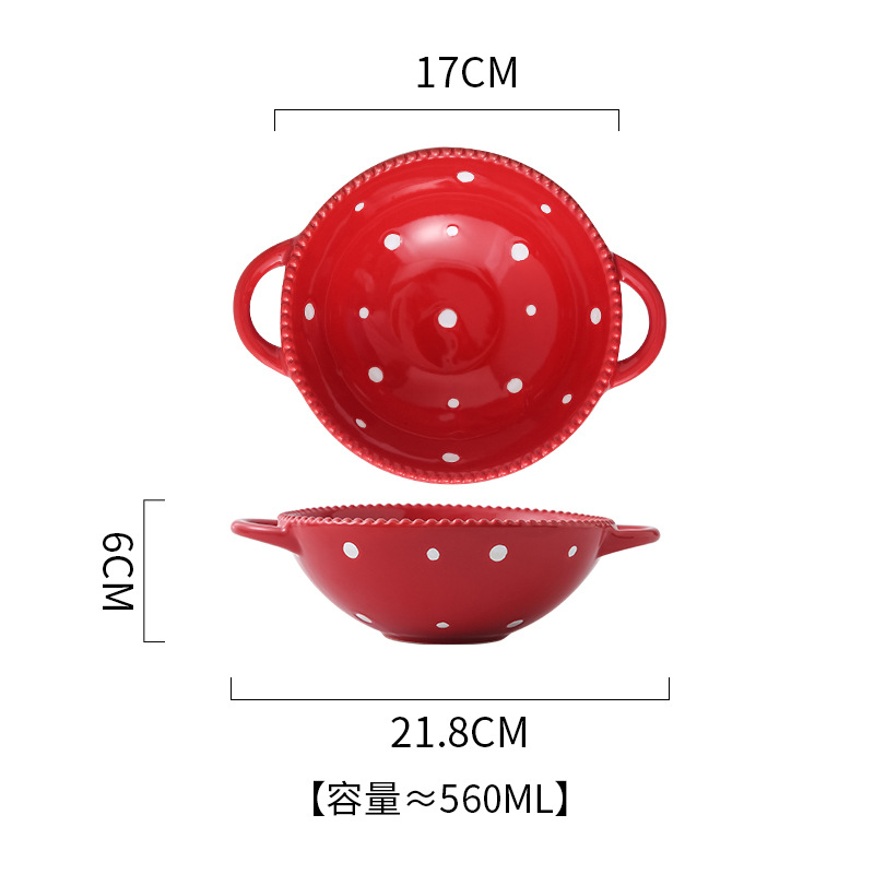 Bol à soupe rouge à pois avec double anse et perle.