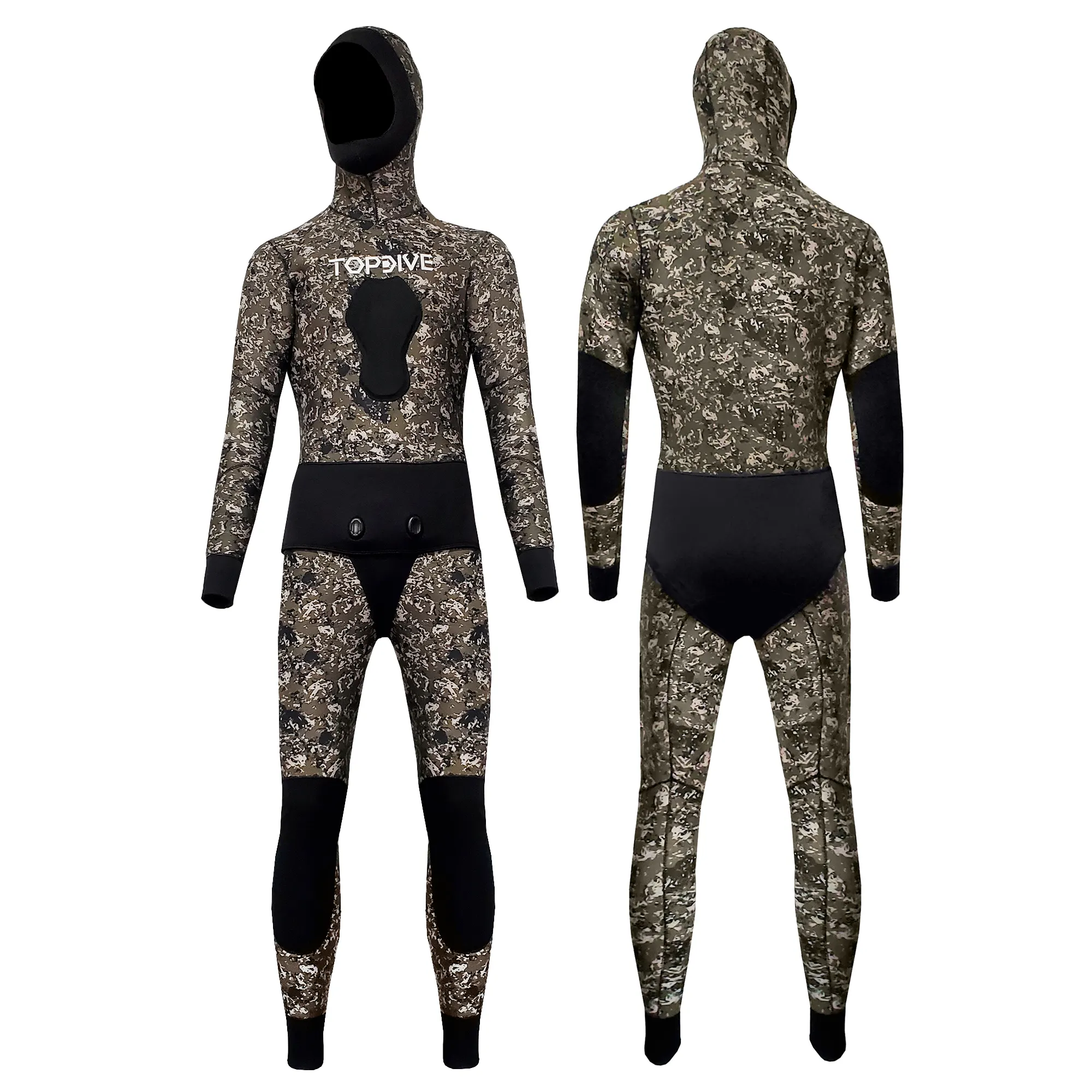 Personalizzato Neoprene 3mm 5mm 7mm Super Stretch Camouflage due pezzi felpa con cappuccio Snorkeling nuoto muta da sub muta da pesca subacquea