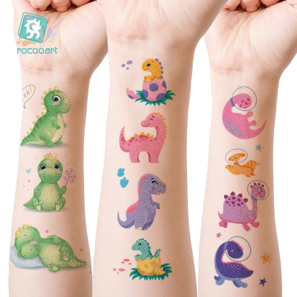 Stili Glitter tatuaggi dinosauro per forniture per feste per bambini, regali di compleanno di dinosauri per decorazioni per bomboniere, tatuaggio finto Dino