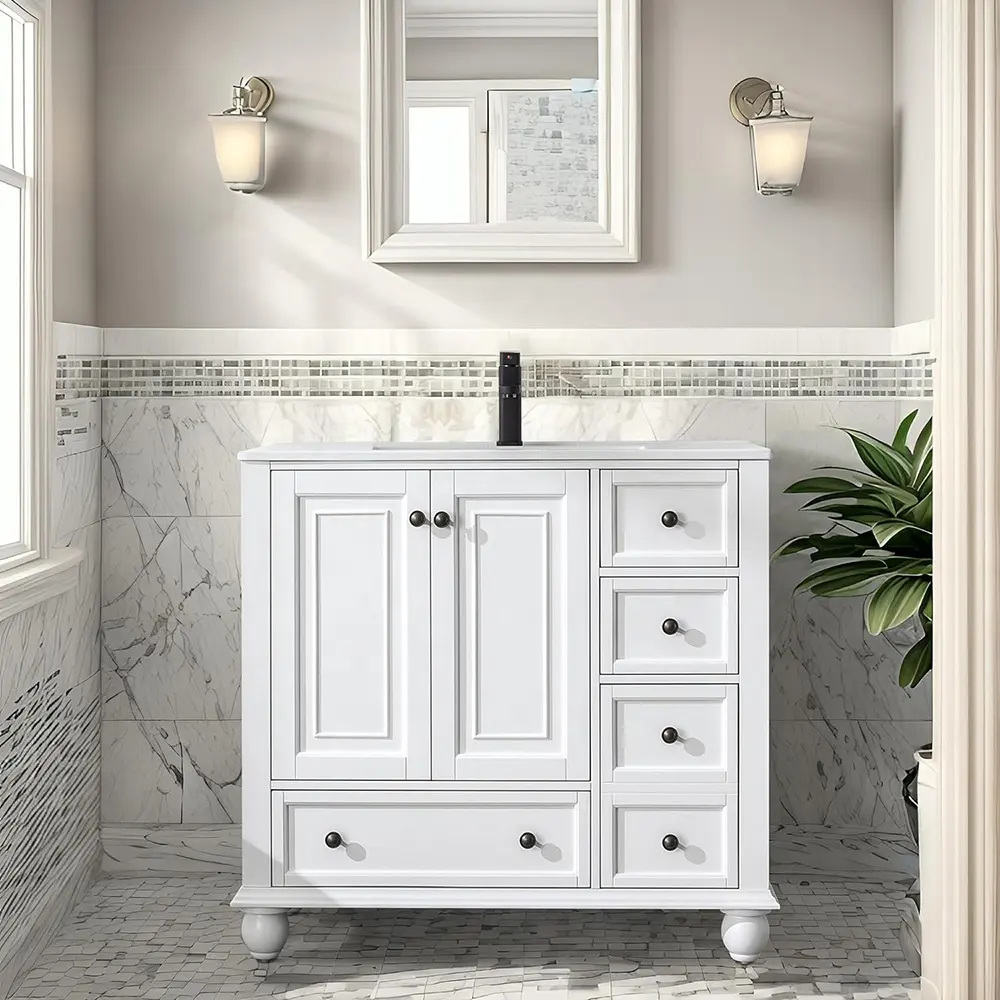 Unit rias kamar mandi desain gaya Retro 36 ", lemari kamar mandi Vintage, berdiri bebas kayu Solid 36 inci meja rias