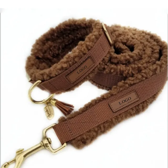 Coleira e trela para cães de lã Sherpa ajustável de inverno macio ajustável OEM conjunto de luxo sem tração de lã de pelúcia para animais de estimação