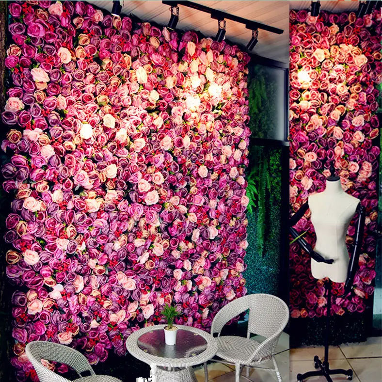 Personalizzato partito decorativo seta artificiale rosa 3d fiore rosa pannello a parete sfondo viola per la decorazione della parete della festa nuziale